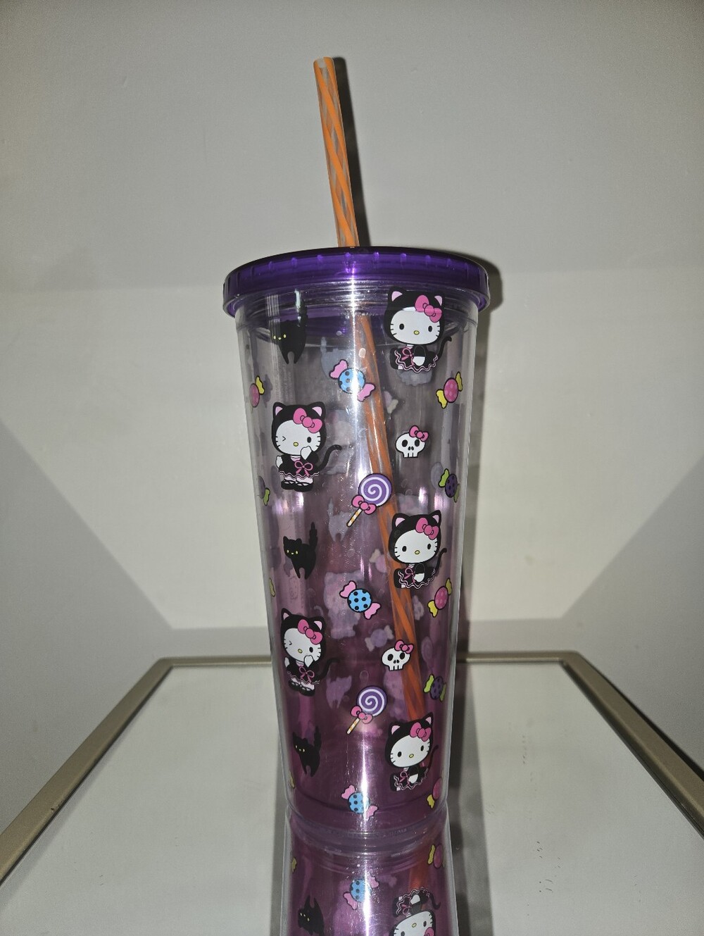 Hello Kitty Halloween Tumbler Black Cat Costume Purple Cold Cup With Straw